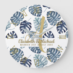 Grande Horloge Ronde Monogramme Bleu Azur Feuilles Tropicales Nouvelles