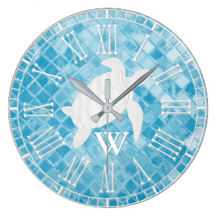 Grande Horloge Ronde Monogramme bleu en verre de mer de tortue de mer