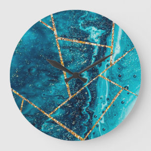 Grande Horloge Ronde Monogramme Chic Géode d'Agate Bleu Nuit Or Élégant