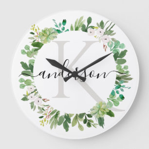 Grande Horloge Ronde MONOGRAMME DE COULEUR D'EAU DU cool SUCCULENT WREA