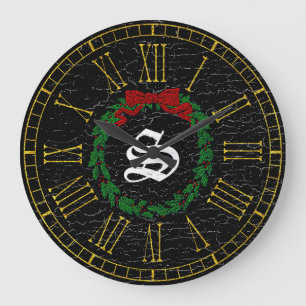 Grande Horloge Ronde Monogramme de couronne de Noël Vintage