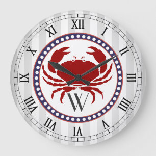 Grande Horloge Ronde monogramme de crabe rouge et de bandes grises mari