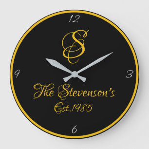 Grande Horloge Ronde Monogramme de famille Fancy Script Gold et Black E