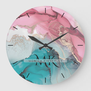 Grande Horloge Ronde Monogramme de nom en pierre d'agate or sarcelle ro