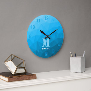 Grande Horloge Ronde Monogramme dégradé bleu cyan Motif de maille de gé