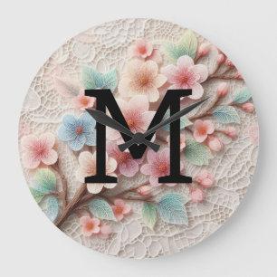 Grande Horloge Ronde Monogramme dentelle rose floral pastel fleurs de c