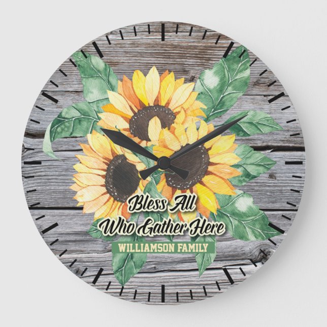 Grande Horloge Ronde Monogramme floral de tournesol rustique (Recto)