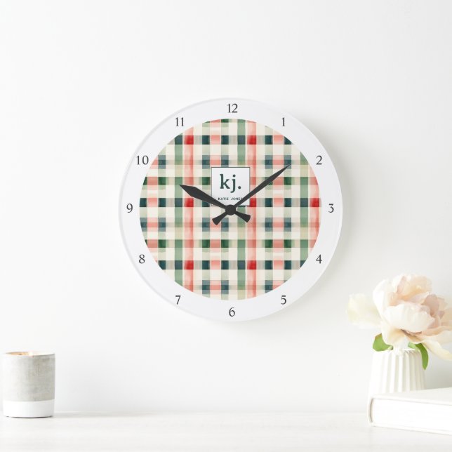 Grande Horloge Ronde Monogramme Gingham Émeraude Douce (Maison)