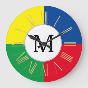 Grande Horloge Ronde Monogramme Initial Personnalisé Carrés Colorés