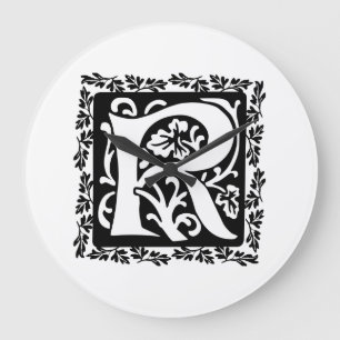 Grande Horloge Ronde Monogramme médiéval de la lettre R noir et blanc