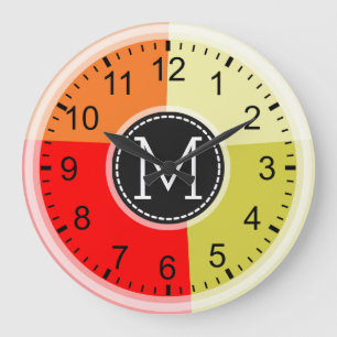 Grande Horloge Ronde Monogramme Moderne Couleurs Rétro Géométrique #3