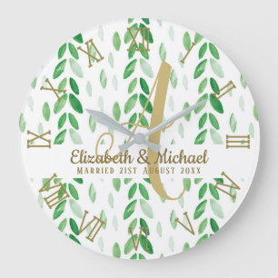 Grande Horloge Ronde Monogramme or Aquarelle botanique Verdure Mariage