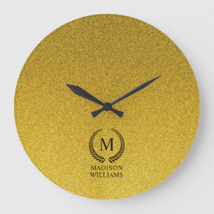 Grande Horloge Ronde Monogramme personnalisé noir et or pailleté or dor