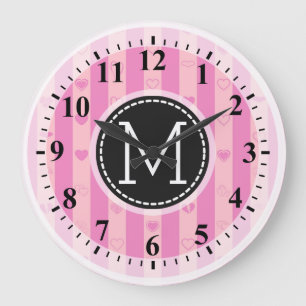 Grande Horloge Ronde Monogramme Purple Pink Stripes Motif cardiaque mod