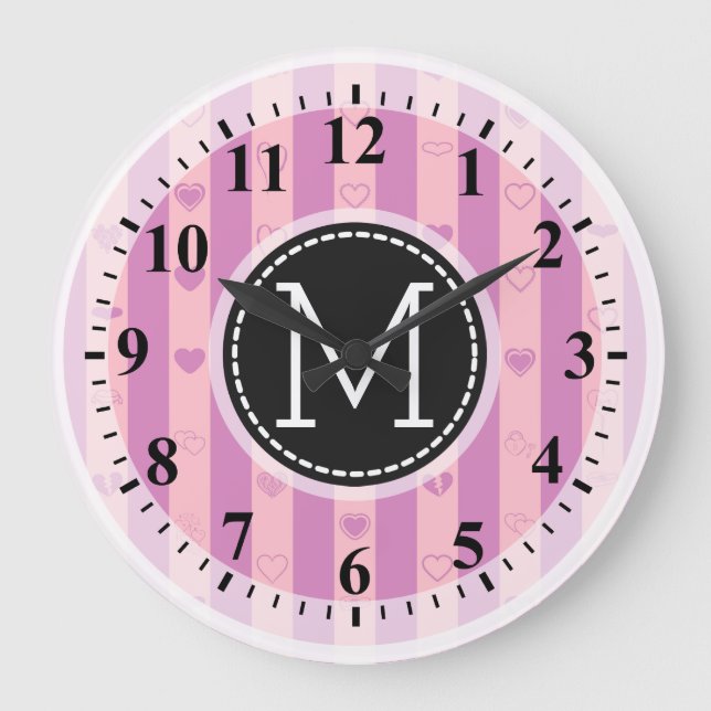Grande Horloge Ronde Monogramme Purple Pink Stripes Motif cardiaque mod (Recto)