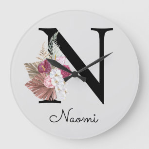 Grande Horloge Ronde Monogramme rose bohème girly floral initial N