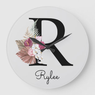 Grande Horloge Ronde Monogramme rose bohème girly floral initiale R