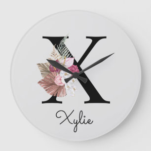 Grande Horloge Ronde Monogramme Rose Boho Floral Initial X