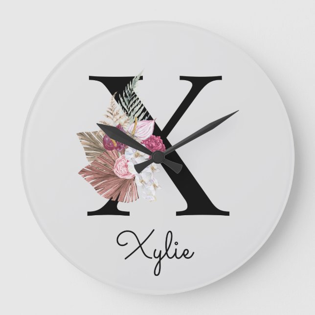 Grande Horloge Ronde Monogramme Rose Boho Floral Initial X (Recto)