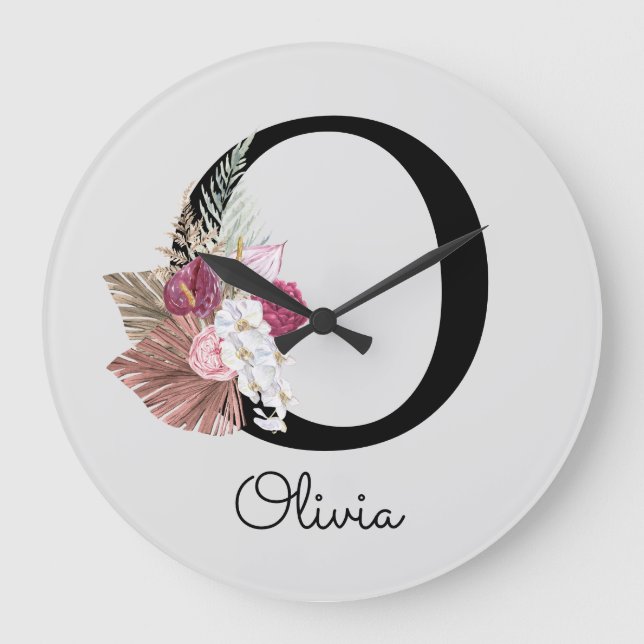 Grande Horloge Ronde Monogramme Rose Boho Floral Initiale O (Recto)