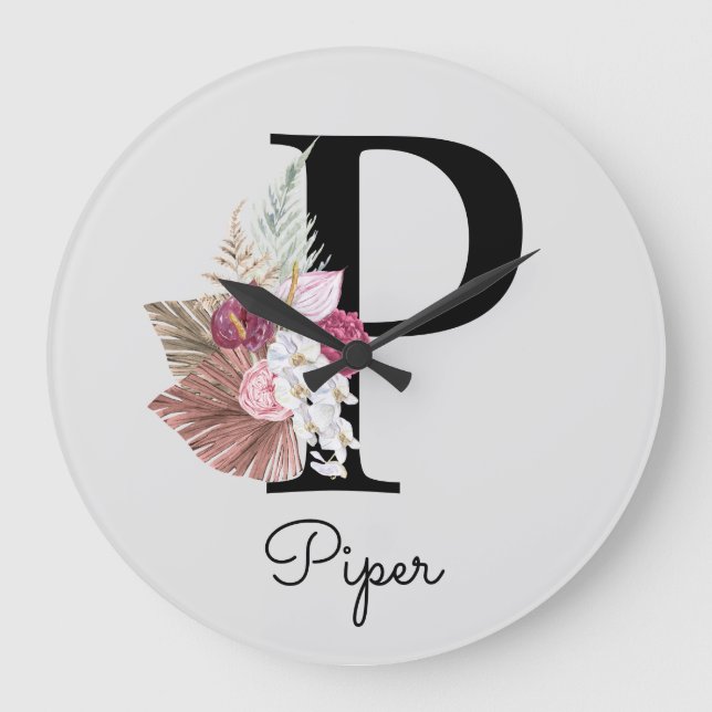 Grande Horloge Ronde Monogramme Rose Boho Floral Initiale P (Recto)