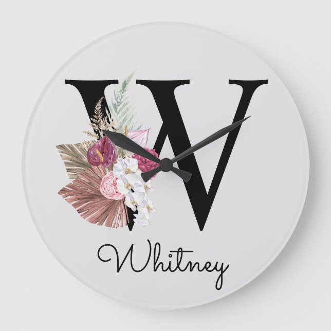 Grande Horloge Ronde Monogramme Rose Boho Girly Floral Initial W (Recto)