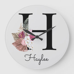 Grande Horloge Ronde Monogramme Rose Boho Initiale H Grand Cl