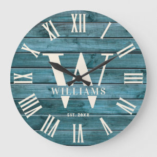 Grande Horloge Ronde Monogramme rustique Bois-Driftwood Nom de famille