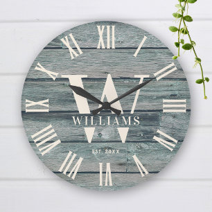 Grande Horloge Ronde Monogramme rustique Bois-Driftwood Nom de famille