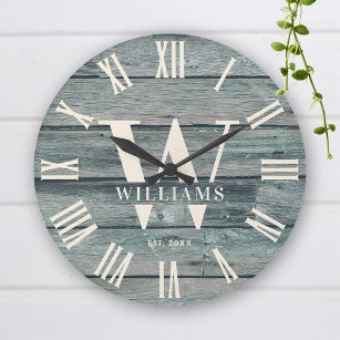 Grande Horloge Ronde Monogramme rustique Bois-Driftwood Nom de famille 