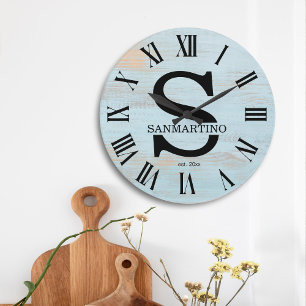 Grande Horloge Ronde Monogramme rustique vintage Nom de famille