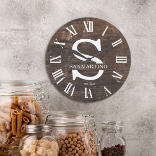 Grande Horloge Ronde Monogramme rustique vintage Nom de famille