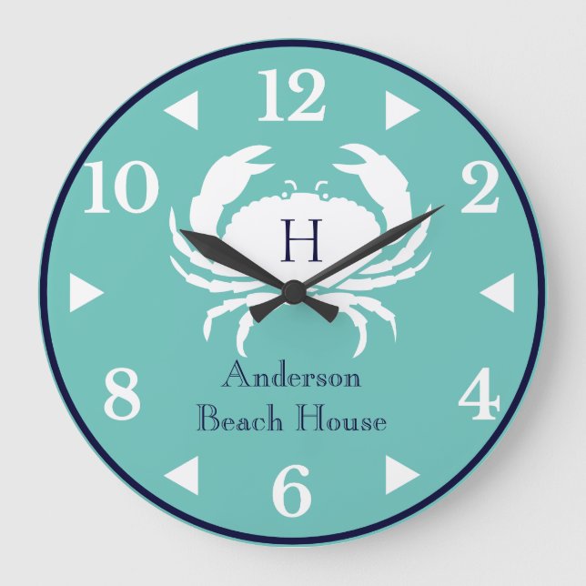Grande Horloge Ronde Monogramme Turquoise Bleu Blanc Marine Bleu Crabe  (Recto)