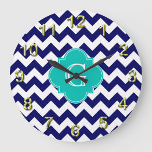 Grande Horloge Ronde Monogramme turquoise de Quatrefoil de zigzag blanc