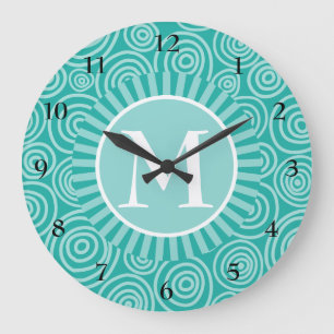 Grande Horloge Ronde Monogramme Turquoise White Spirales - Personnalisé