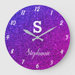 Grande Horloge Ronde Monogrammes Pailletés Violet Rose Cadeau Élégant