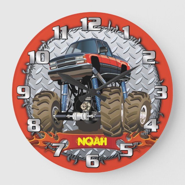 Grande Horloge Ronde Monster Truck Personalizable Boys Room Clock (Recto)
