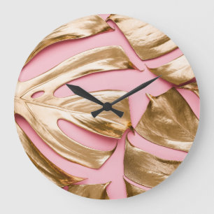 Grande Horloge Ronde Monstera d'or Feuilles : Pastel Pink.