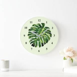 Grande Horloge Ronde Monstera Feuille cadran vert - Votre couleur
