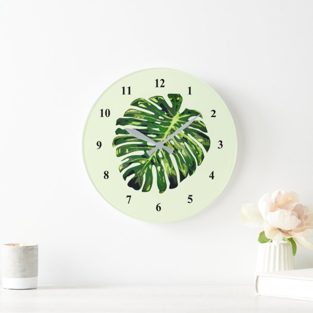 Grande Horloge Ronde Monstera Feuille cadran vert - Votre couleur (Maison)