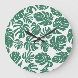 Grande Horloge Ronde Monstera feuilles sans soudure, motif décoratif.