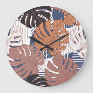 Grande Horloge Ronde Monstère exotique feuille, vintage tropicale.