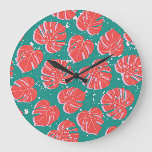 Grande Horloge Ronde Monstère rouge : motif tropical vert