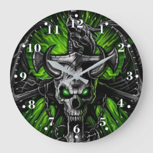 Grande Horloge Ronde Monstre à ailes du crâne noir vert néon