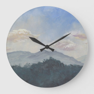 Grande Horloge Ronde Montagnes Bleues Gouache : Scène Nature Vibrante