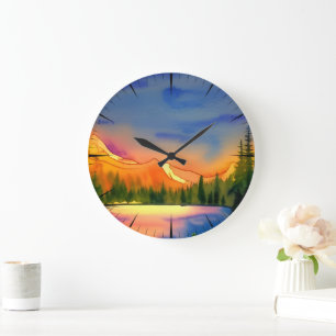 Grande Horloge Ronde Montagnes de Lumière Dorée Aquarelle Scénique  