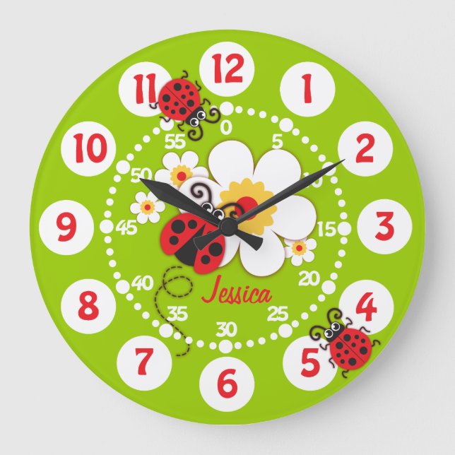 Grande Horloge Ronde Montre murale coccinelle et fleur verte mignonne p (Recto)