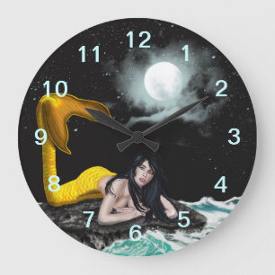 Grande Horloge Ronde Moon Tide Mermaid Wall Clock