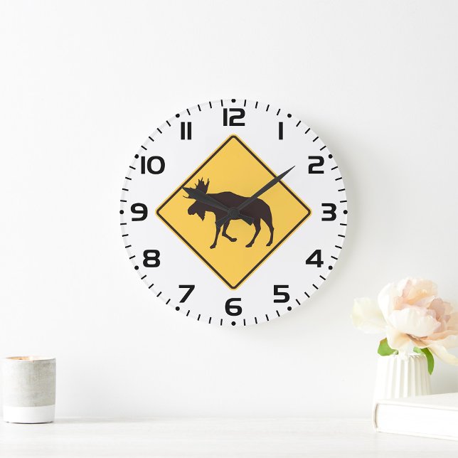 Grande Horloge Ronde Moose Crossing Road Sign Wildlife Safety (Créateur téléchargé)