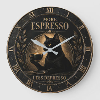 Grande Horloge Ronde More Espresso Less Depresso Black Cat
